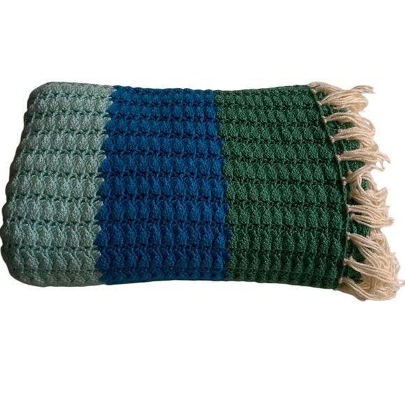 Handmade crochet striped multicolor heavyweight throw blanket afghan 84”x72” - Picture 8 of 10